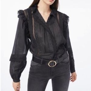 Frame Natalie Eyelet Lace Top Button Front Ruffles Long Sleeves Black Sz L